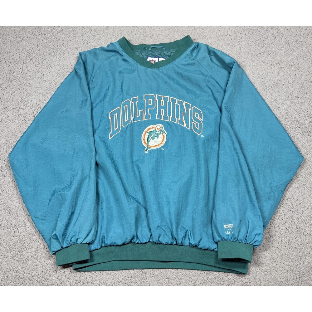 Vintage Miami Dolphins Jacket Mens Large Green NFL Football‎ Logo 7 Pullover 90s